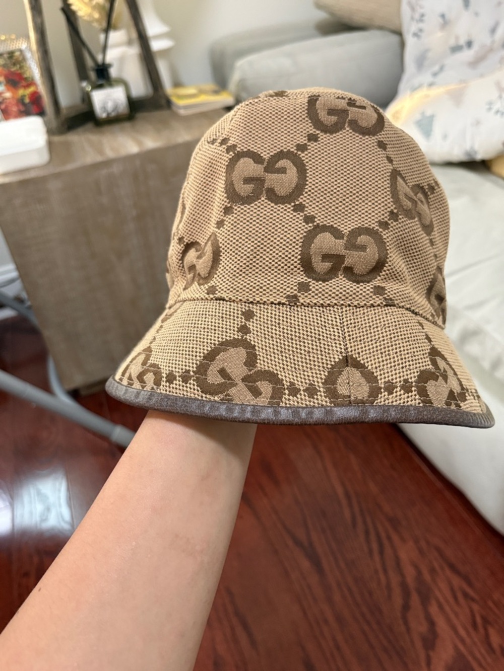 Gucci Brown Beige GG Monogram Bucket Hat size L 58cm
